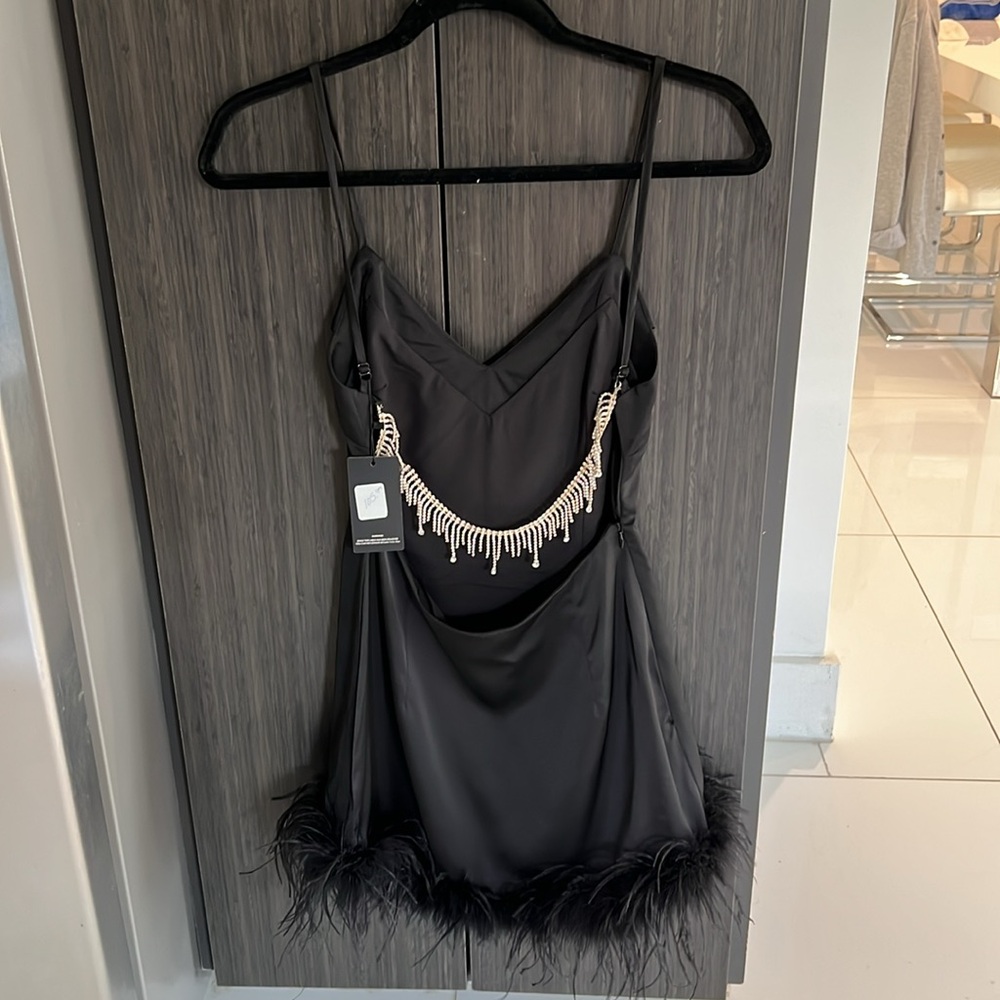 Elegant Black Feather Trim Dress